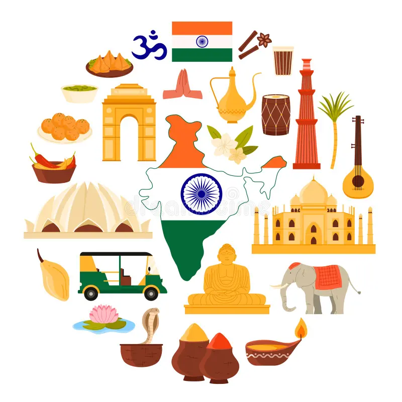 indian culture concept traditional landmarks heritage symbols circular design showcasing food items like taj mahal spices 376032059